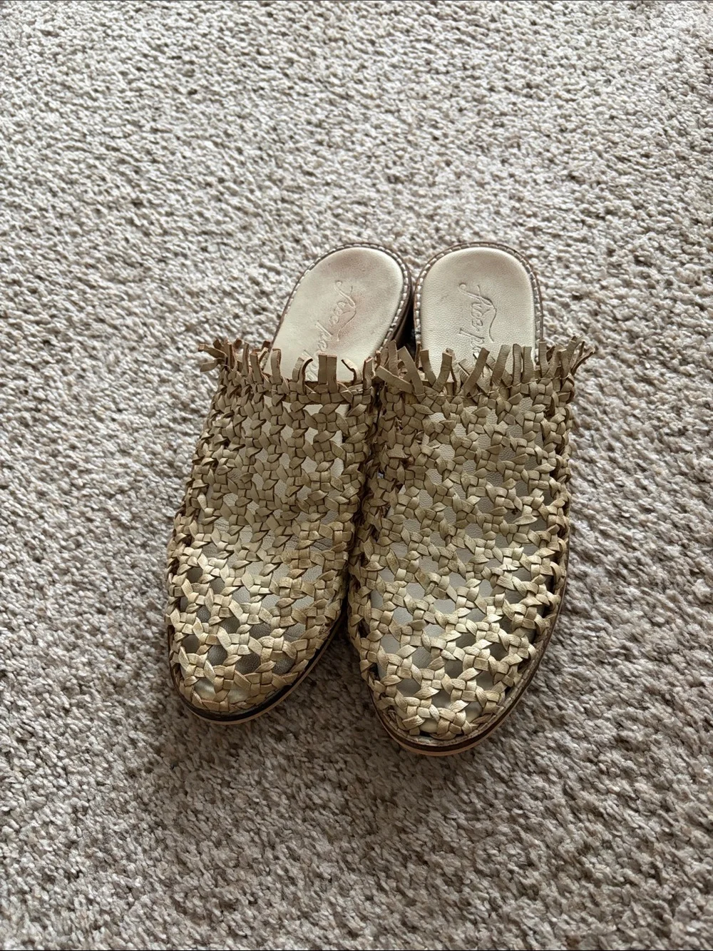 Free People Braided Fringe Backless Mules in Beige